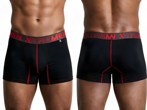 Xtremen black boxer briefs with contrasting red stitching and red branded waistband, shown front and back.