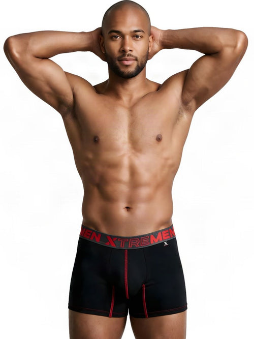 Black sleek microfiber boxer briefs with red contrast stitching and logo waistband. Fitted style.