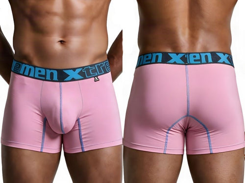 Front and back views of a man wearing pink Xtremen microfiber boxer briefs with a wide blue logo waistband.