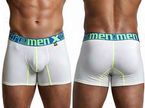 Xtremen white boxer briefs with neon green trim and blue branded waistband, front and back views.