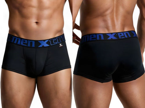 Xtremen black microfiber trunks with a blue logo waistband, shown from front and back.