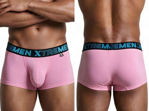Front and back views of a male model wearing pink Xtremen microfiber trunks with a black waistband.