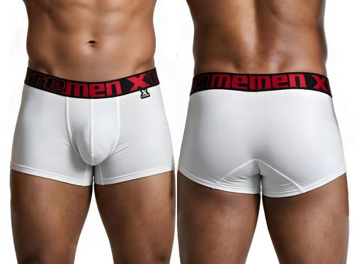 Front and back views of a man wearing white Xtremen microfiber trunks with a black and red logo waistband.