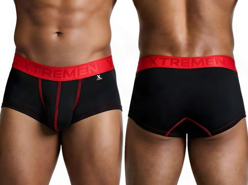 Xtremen black microfiber briefs with red contrast stitching and a red logo waistband.