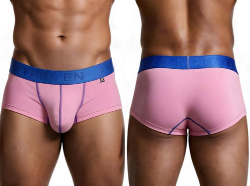 Xtremen pink athletic briefs with blue waistband and stitching, shown from front and back.