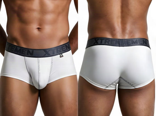 Xtremen white microfiber athletic briefs with dark branded waistband, shown from front and back.
