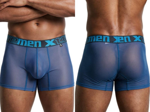 Front and back views of a man wearing Xtremen blue microfiber mesh boxer briefs with a branded waistband.
