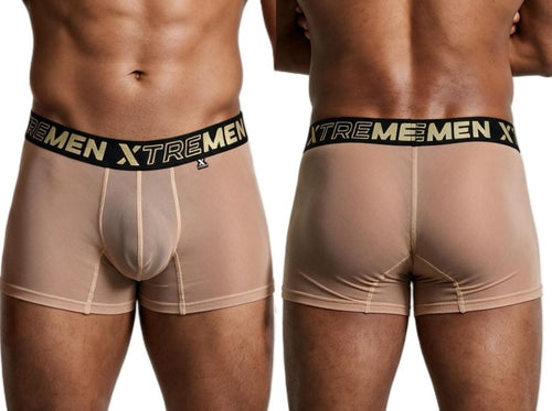 Xtremen brown microfiber mesh boxer briefs worn by a male model, front and back views.