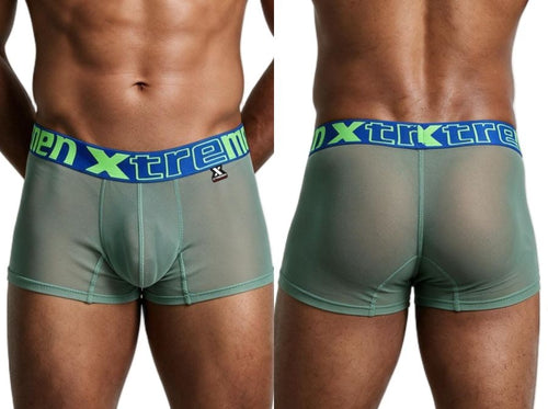 Xtremen green microfiber mesh boxer briefs with blue logo waistband, shown front and back.