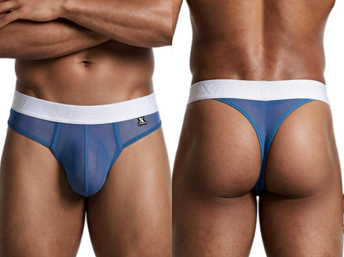 Front and back views of a man wearing blue mesh thongs with a wide white waistband.
