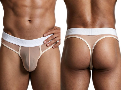 Front and back views of a man wearing brown mesh thongs with a wide white waistband.