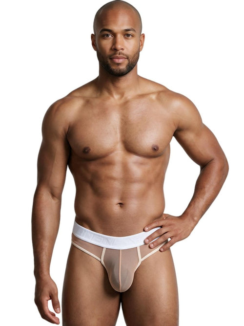 A male model wearing Xtremen microfiber mesh thong with a white waistband.
