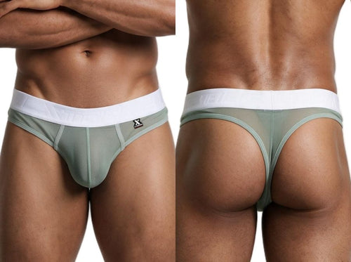 Xtremen green mesh thong underwear featuring a wide white waistband, shown from the front and back.
