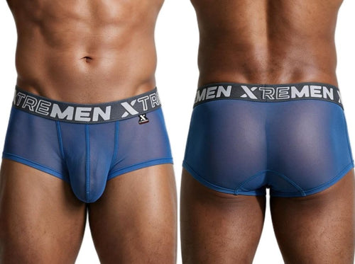 Front and back views of Xtremen blue mesh briefs on a model, featuring a wide branded elastic waistband.