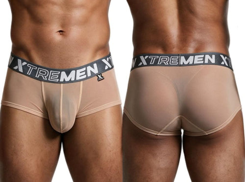 Xtremen men's brown microfiber mesh briefs with a branded grey waistband, shown from front and back.