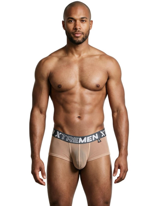 A muscular man models brown Xtremen microfiber mesh briefs against a white background.