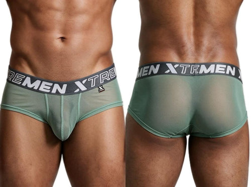Front and back views of a man wearing Xtremen green mesh briefs with a branded elastic waistband.