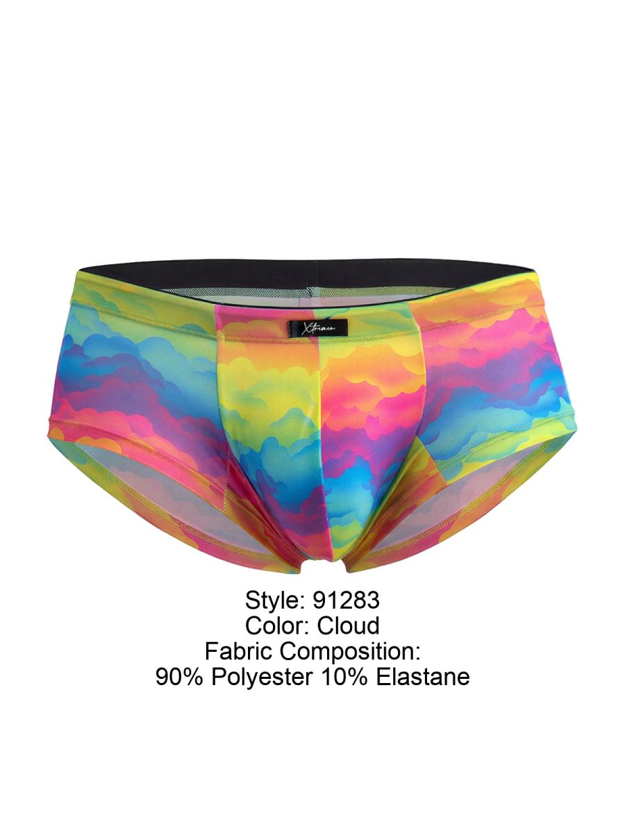 Xtremen 91283 rainbow printed microfiber briefs with vibrant cloud pattern and black elastic waistband in polyester blend