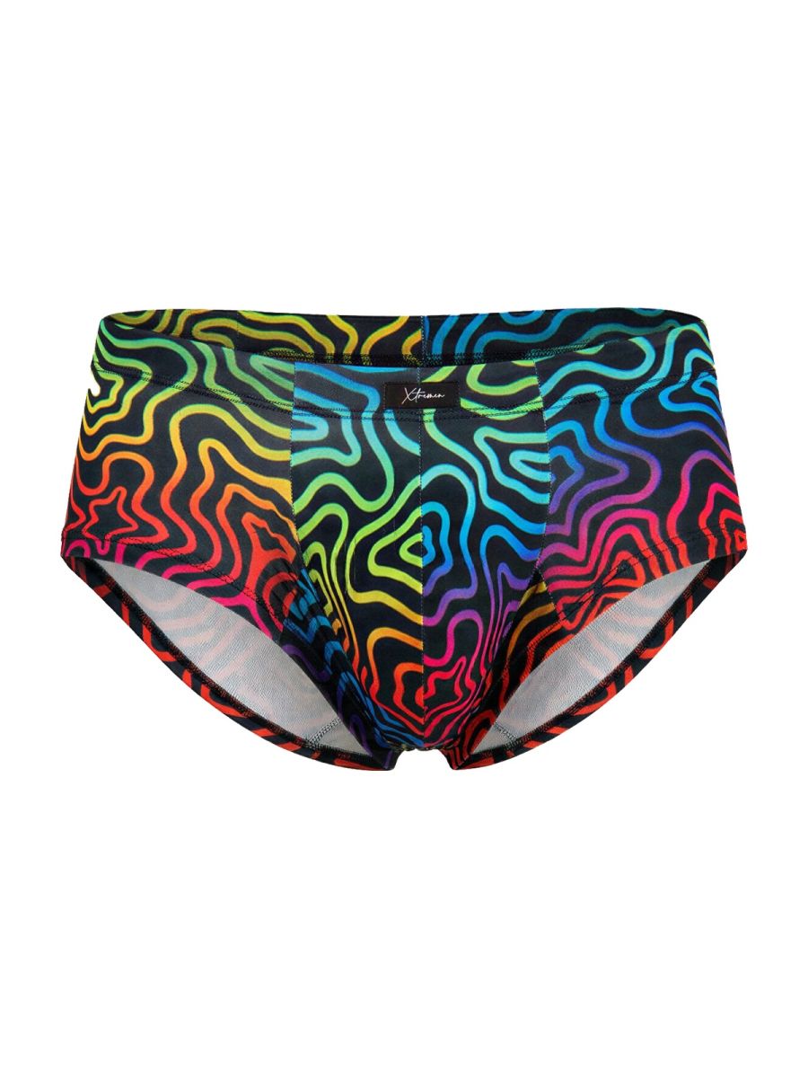 Xtremen 91283 rainbow printed microfiber briefs with vibrant rainbow wave pattern black trim and white lining