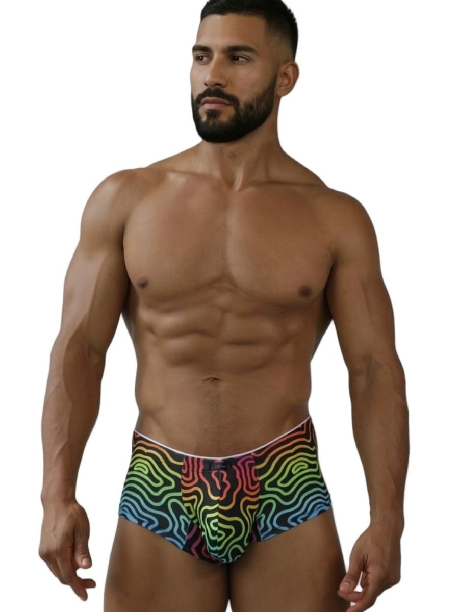 Xtremen 91283 rainbow printed microfiber briefs with vibrant rainbow psychedelic wave pattern swim trunks
