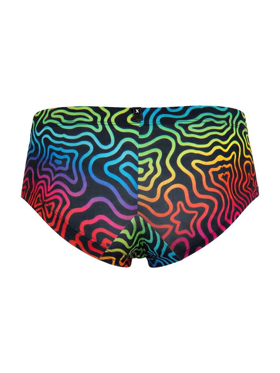 Xtremen 91283 rainbow printed microfiber briefs with vibrant rainbow psychedelic wave pattern on black fabric