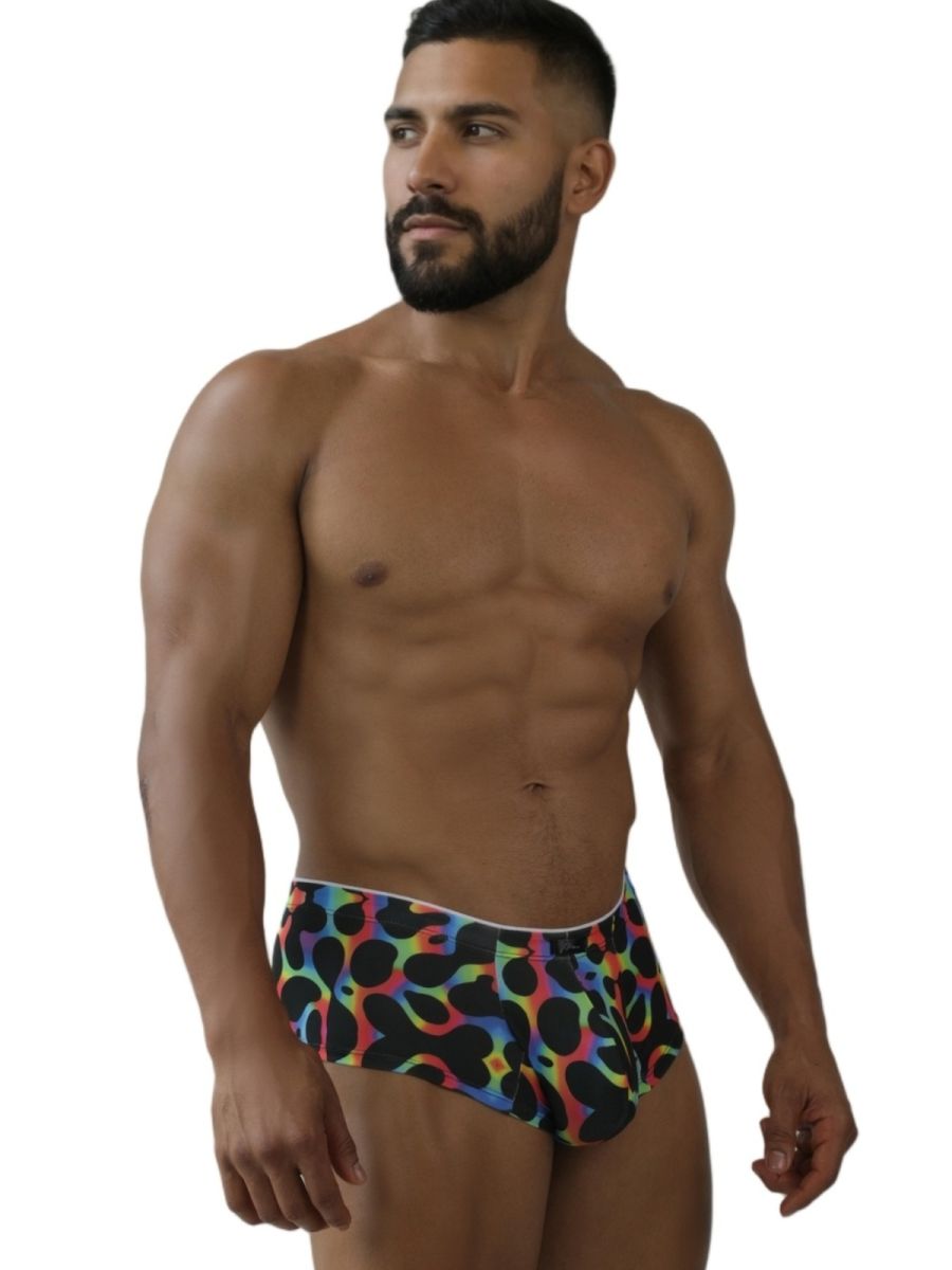 Xtremen 91283 rainbow printed microfiber briefs in mushroom color with vibrant multicolored leopard print and white waistband