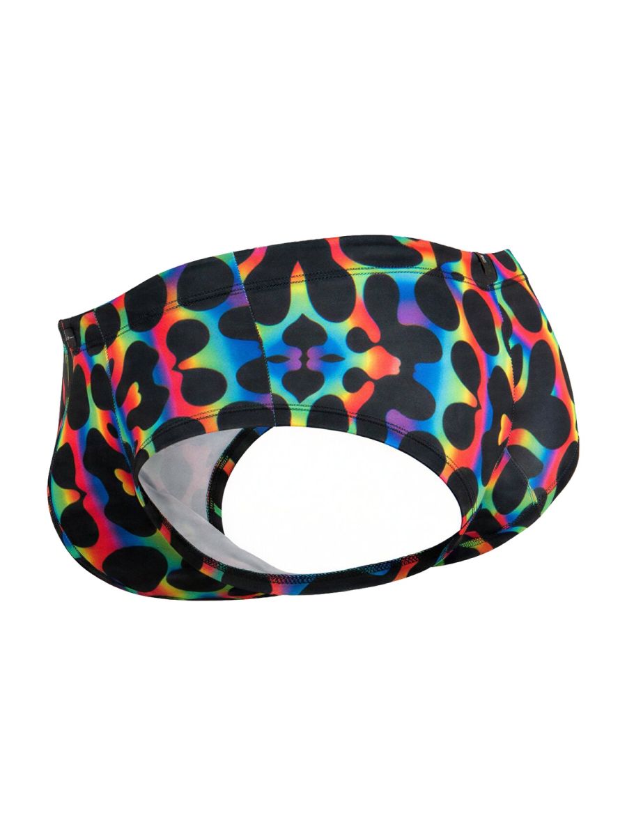Xtremen 91283 microfiber briefs in vibrant rainbow colors with bold black leopard print pattern and mushroom color accents