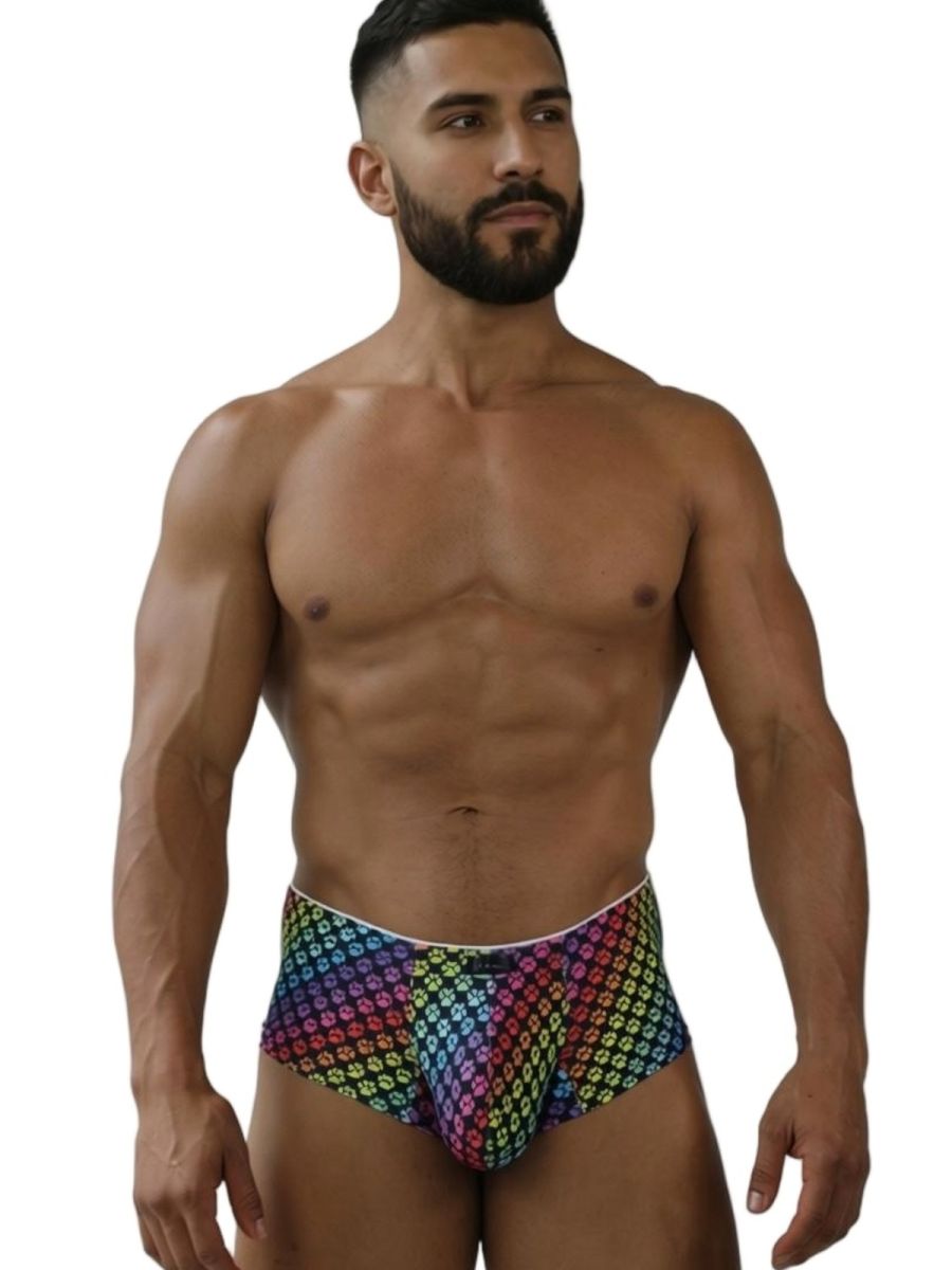 Xtremen 91283 rainbow printed microfiber briefs featuring a rainbow geometric pattern and paw print design