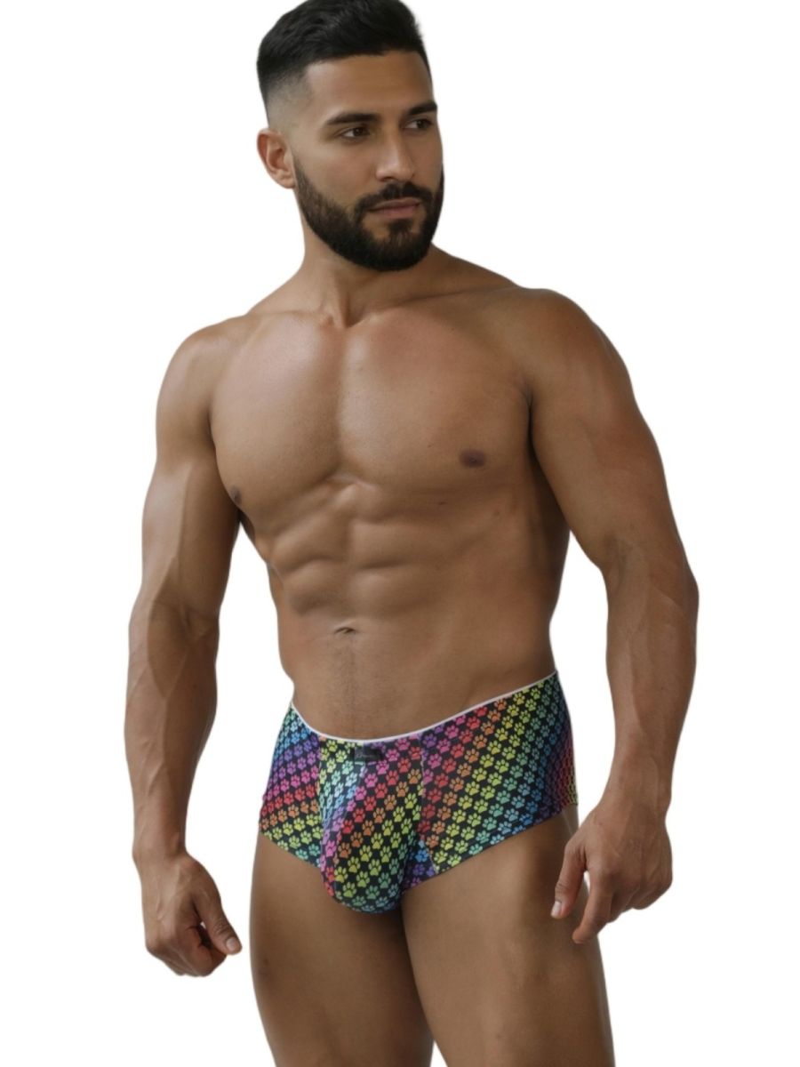 Xtremen 91283 rainbow printed microfiber briefs with geometric paw print design and white trim for men