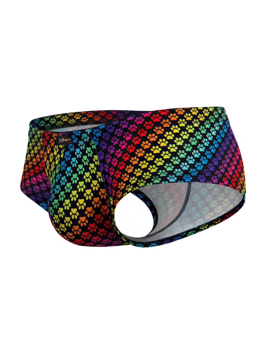 Xtremen 91283 rainbow printed microfiber briefs in vibrant colors with a playful paw print pattern across the fabric