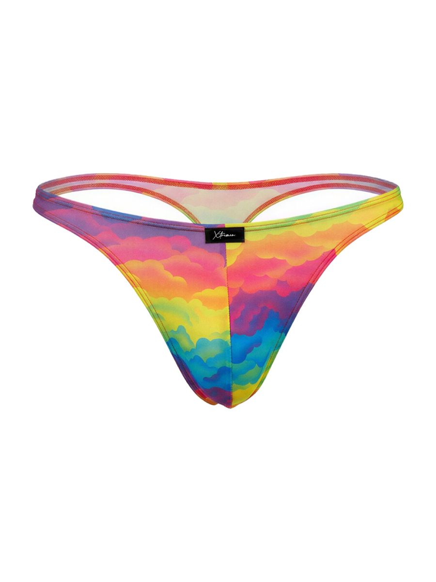 Vibrant rainbow cloud-patterned microfiber thong in stretchy fabric with black Xtremen brand tag visible