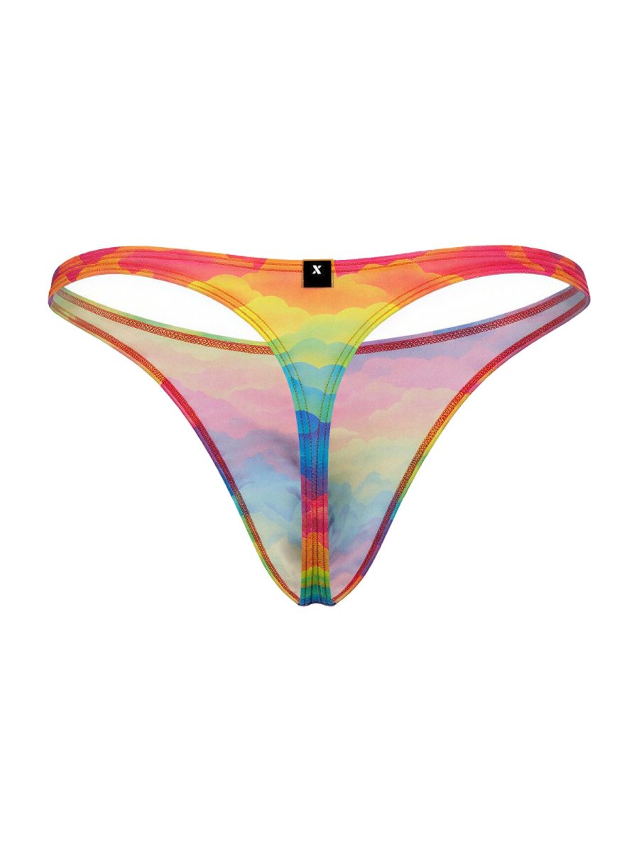 Rainbow tie-dye mesh thong with black brand tag on waistband from Xtremen 91284 printed microfiber thongs color cloud