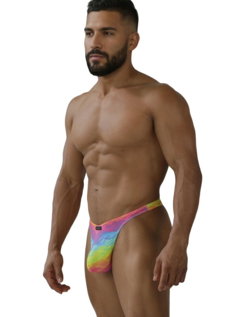 Xtremen 91284 printed microfiber men’s thong with rainbow tie-dye pattern and snug form-fitting design visible from the back