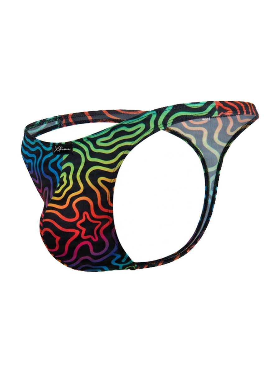 Xtremen 91284 printed microfiber thong in vibrant rainbow colors with wavy and star pattern design