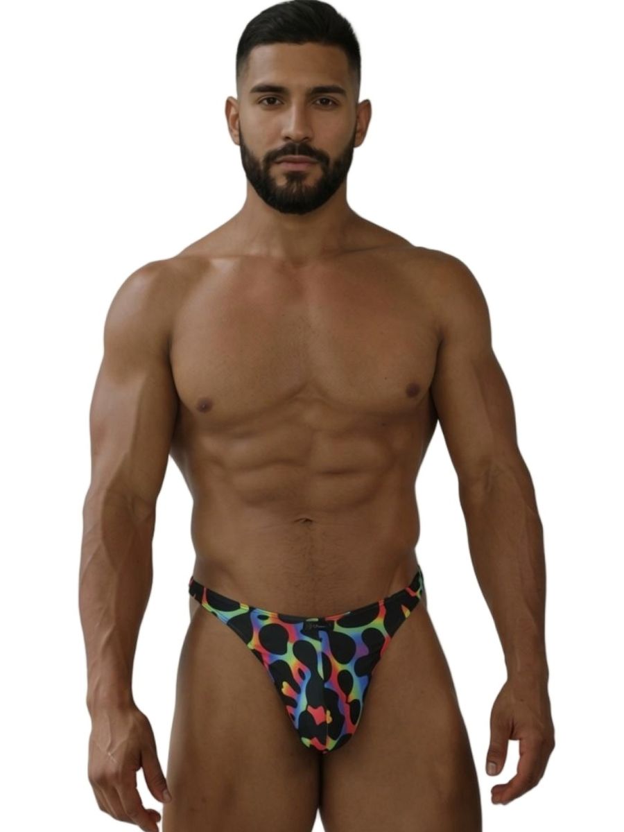 Xtremen 91284 men’s colorful leopard-print microfiber thong with vibrant multicolored pattern on black fabric
