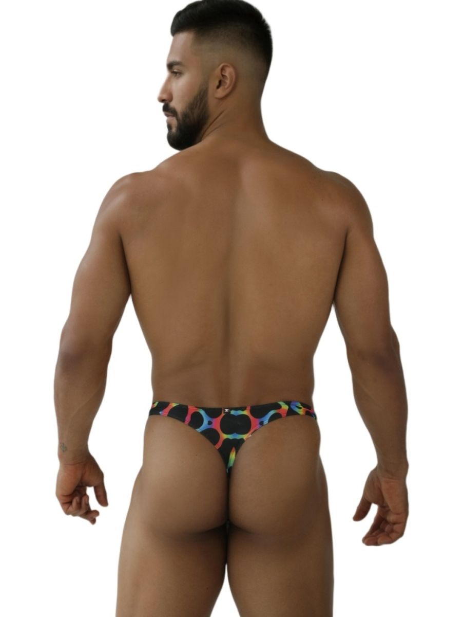 Xtremen 91284 printed microfiber thong in mushroom color with vibrant rainbow circular patterns on a black base