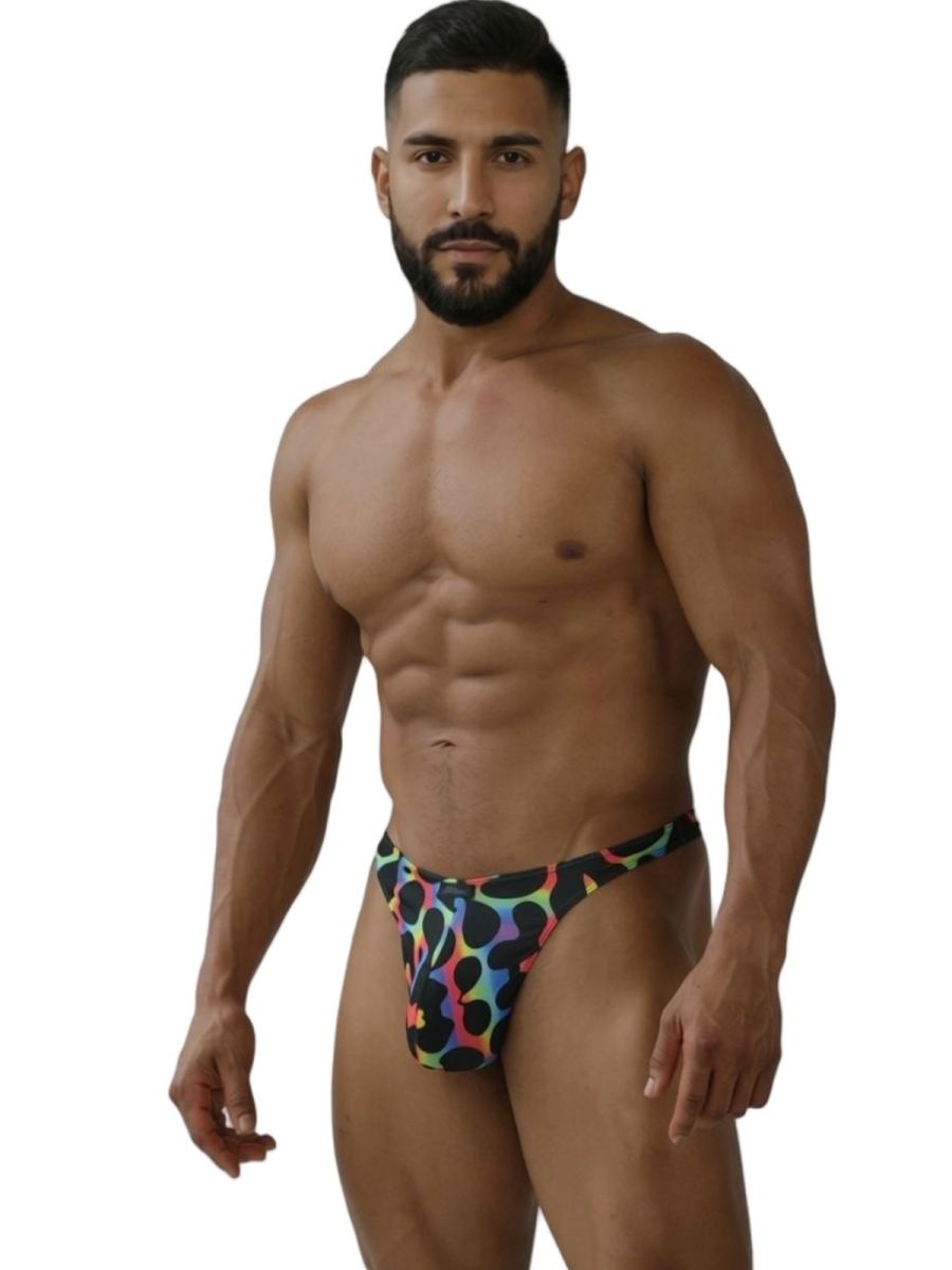 Xtremen 91284 men’s microfiber briefs with vibrant colorful leopard print on black base in mushroom color