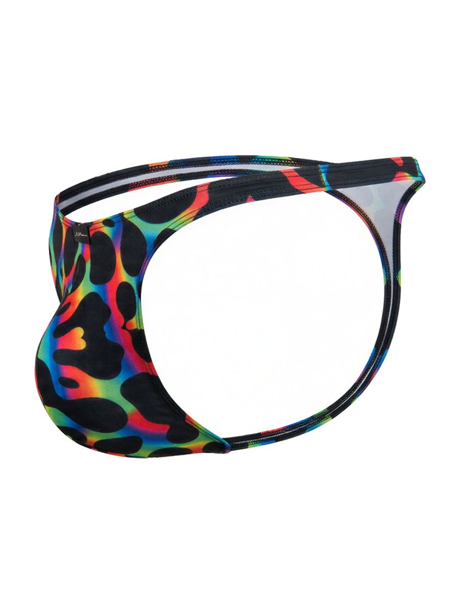 Xtremen 91284 printed microfiber thong in mushroom with vibrant rainbow leopard print and black elastic waistband