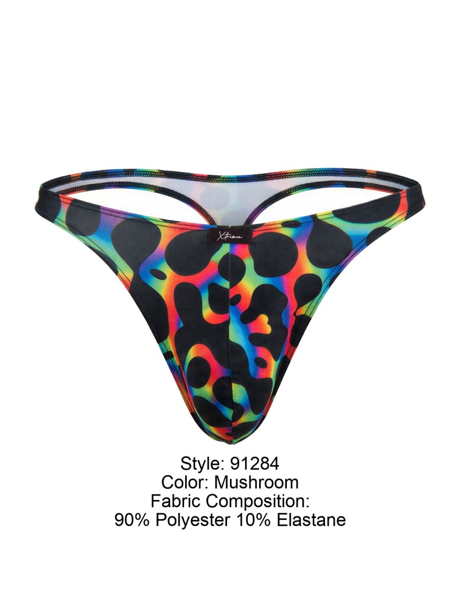 Xtremen 91284 vibrant rainbow leopard-print microfiber thong in mushroom colorway made of 90 polyester 10 elastane