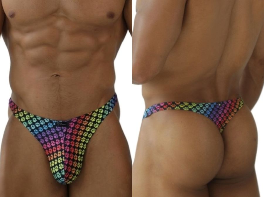 Xtremen 91284 printed microfiber thong in rainbow with multicolored paw print pattern showing back side