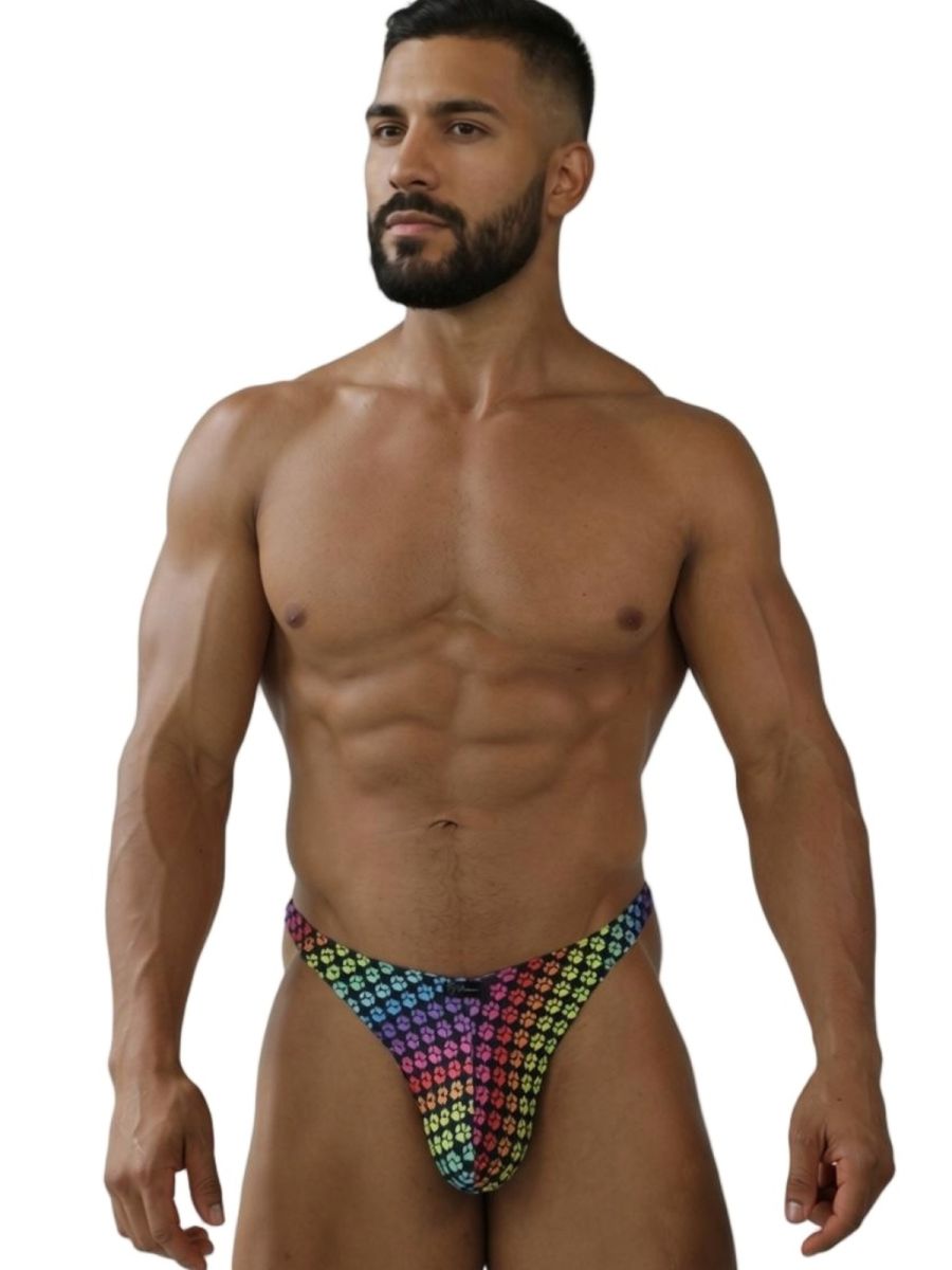 Xtremen 91284 printed microfiber thong in rainbow with small repeating skull pattern on the back side