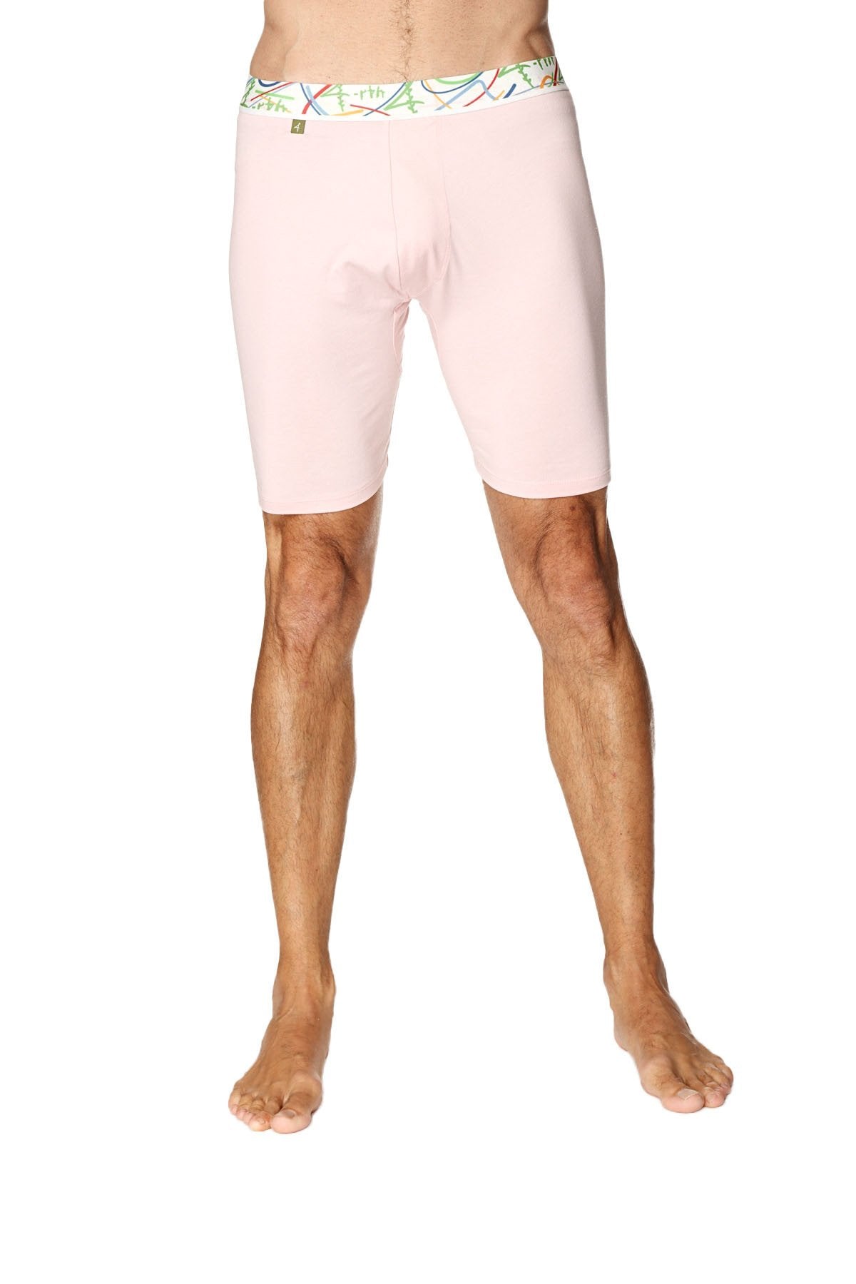 Pink men’s yoga compression shorts with a colorful patterned waistband designed for support and flexibility