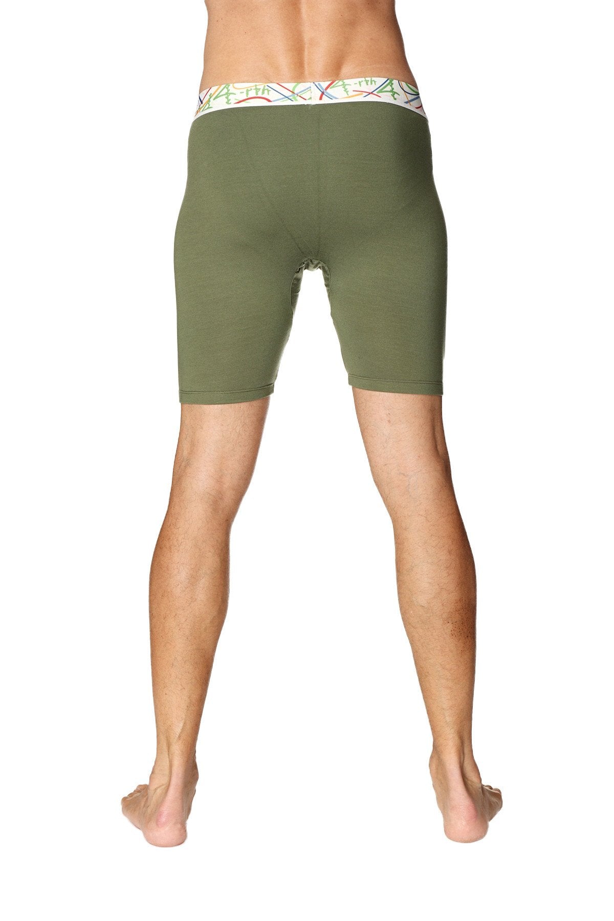 Olive green yoga compression shorts with colorful patterned waistband designed for men’s activewear