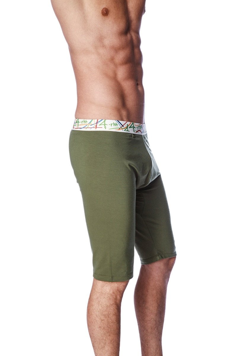 Olive green yoga compression briefs with colorful patterned waistband designed for support and comfort