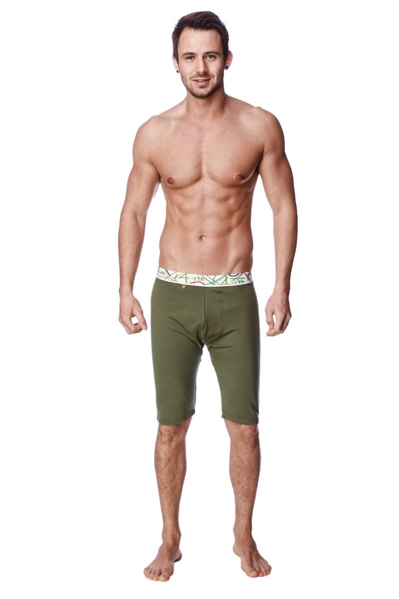 Olive green yoga compression shorts for men with patterned waistband designed for support and flexibility