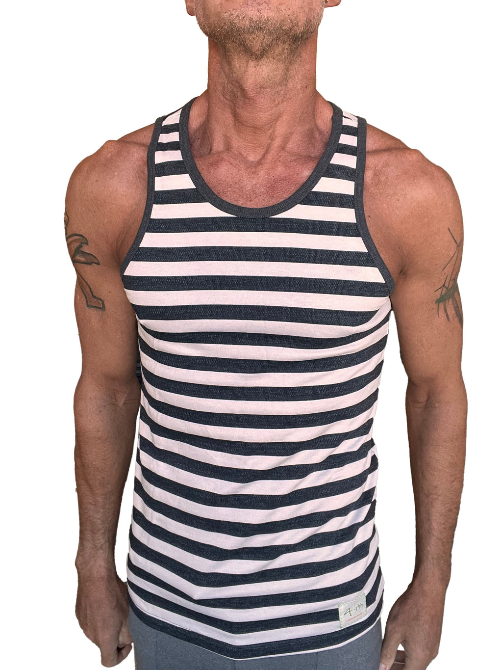Yummy nautical fleece sustain tank top in black and white stripe with ribbed neckline and armholes for men