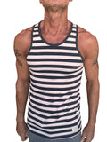 Yummy nautical fleece sustain tank top in black and white stripe with ribbed neckline and armholes for men