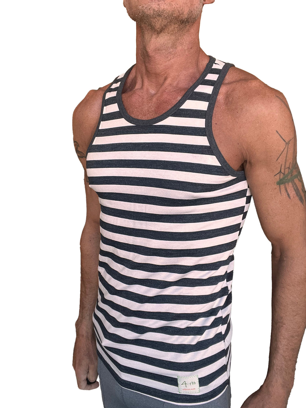 A navy and white striped Yummy Nautical Fleece Sustain tank top with ribbed neckline and small brand tag at hem