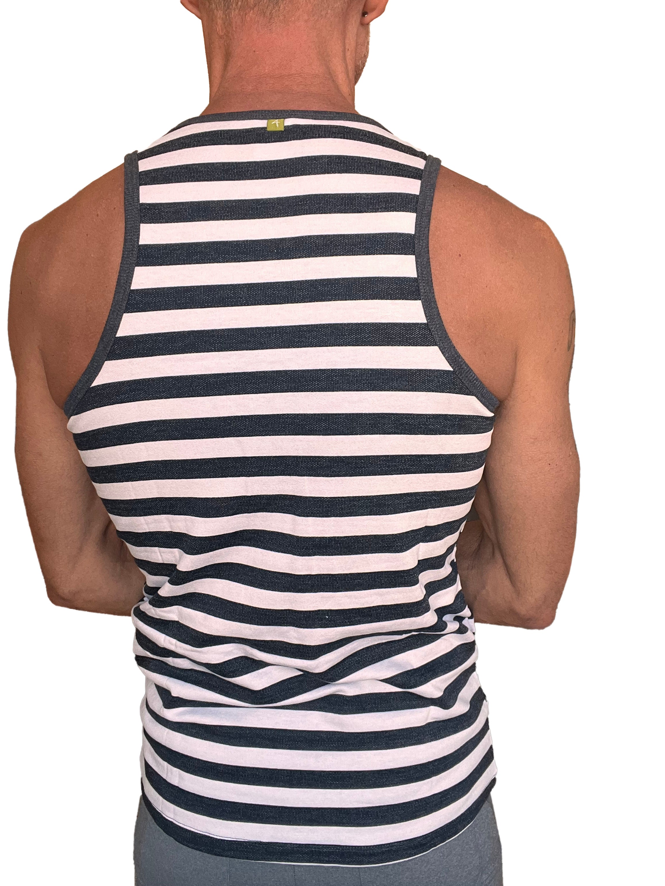 A men’s black and white striped fleece tank top with ribbed neckline and armholes for casual wear