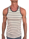 A men’s tank top with cream and dark gray horizontal stripes in nautical fleece with ribbed neckline and armholes